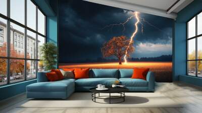 A dramatic lightning strike hitting an oak tree in the middle of a field under dark, stormy skies Wall mural