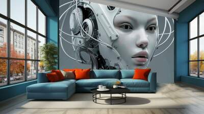 A female robot with white skin and hair, her head is adorned by many small wires that connect to the body from behind it Wall mural