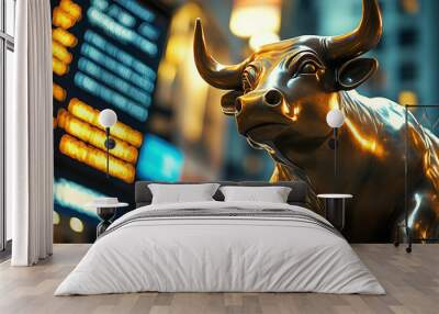 A golden bull figure standing on a dynamic stock market graph background with volumetric lighting Wall mural