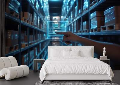 A hand reaching out to touch a holographic digital icon of warehouse shelves, surrounded by rows and rows of boxes in the background Wall mural