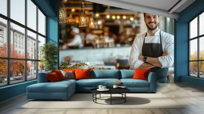 A handsome chef standing in front of an elegant table set with fine dining dishes Wall mural