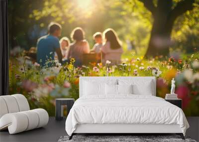 A happy family gathered in a natural landscape, enjoying a picnic amidst blooming flowers, lush grass, and under the warm sunlight Wall mural