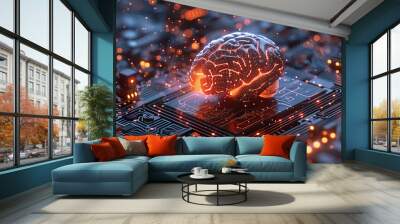 A human brain floating on top of an electronic circuit board, glowing with data flowing through it Wall mural