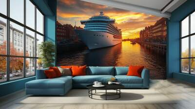 A large cruise ship docked in the harbor at sunset Wall mural