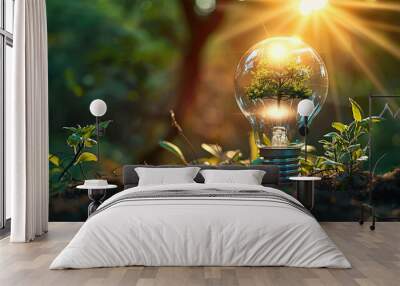 A light bulb with a tree inside in a forest, sunlight and green plants on brown soil background Wall mural