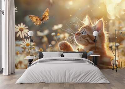 A lovely orange kitten in the sun was playing in a Daisy field, butterflies fluttering around it Wall mural