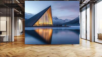 A modern wooden building with clear lines and lighted Windows by an ice lake near a snowy mountain Wall mural