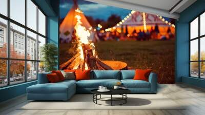 A prominent campfire takes the foreground, its flames dancing vividly, while a tent stands subtly blurred in the background. Generative AI Wall mural