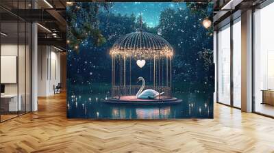 A swan is swimming in the lake, and there's an open gazebo on it with lights hanging from its roof Wall mural