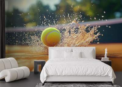 A tennis ball is flying across the court, splashing water on it Wall mural