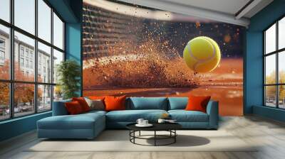 A tennis ball is flying across the court, splashing water on it Wall mural