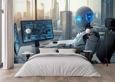 A white humanoid robot with glowing blue eyes sits at an office desk Wall mural