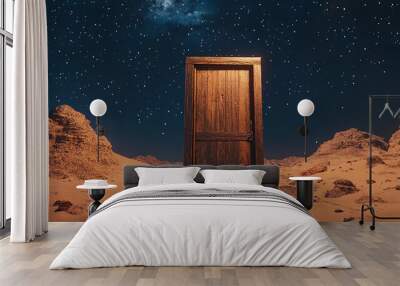 A wooden door stands in the middle of an endless desert, with a starry sky above. Wall mural