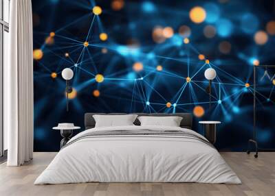 Abstract background with glowing dots and connections in blue color Wall mural