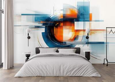 Abstract composition of blue, orange, and white shapes, lines, and circles. Digital illustration with a white background Wall mural