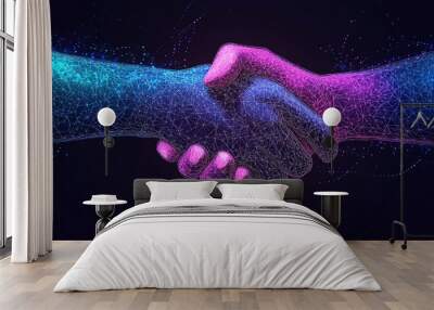 Abstract digital handshakes in blue and pink colors on a dark background Wall mural