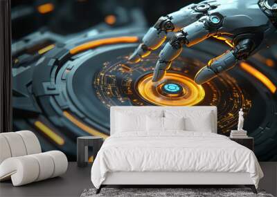 Abstract futuristic robot hand touching a digital holographic screen with circular high-tech elements, a cyber technology concept Wall mural