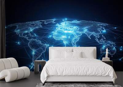 Abstract global network concept with blue glowing connections around the world map Wall mural