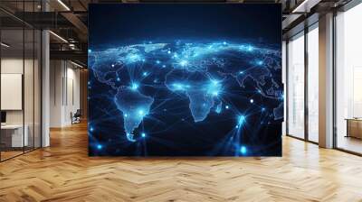 Abstract global network concept with blue glowing connections around the world map Wall mural