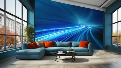 An abstract blue background with blurred stripes and light stripes on the horizon. The lines resemble a highway, with a focus on smooth curves that represent technology and communication concepts. Wall mural