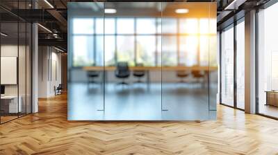 An office with glass doors leading to an open space where people work at desks, blurred background Office bokeh Wall mural