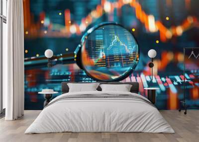 Analytical research in the economy, magnifying glass examining financial data Wall mural