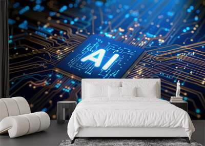 Artificial intelligence chip concept attached to digital circuit board, Generative Ai illustration Wall mural