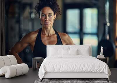 Attractive mature hispanic woman posing at a gym looking at the camera Wall mural