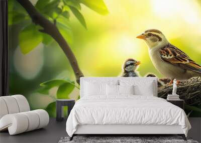 Beautiful bird's nest with baby birds on a tree branch in a green nature background Wall mural