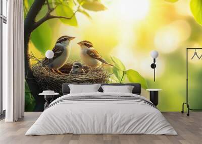 Beautiful bird's nest with baby birds on a tree branch in a green nature background Wall mural