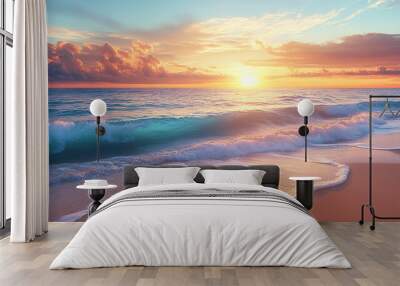 Beautiful seascape with waves and sunset on the beach Wall mural