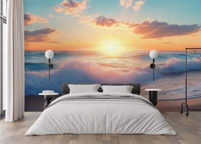 Beautiful seascape with waves and sunset on the beach Wall mural