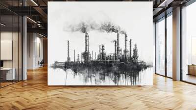 Black and white pencil drawing of an industrial refinery in fog Wall mural