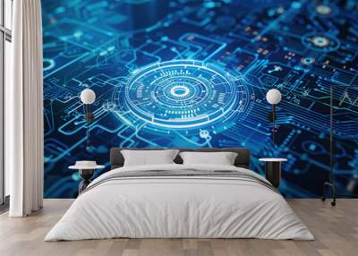 Blue digital technology background with mechanical elements and circuit board Wall mural