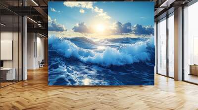 Blue ocean waves, a beautiful blue sky with sun and clouds Wall mural