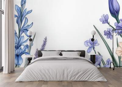 Blue spring flowers frame a border with irises, hyacinths, and hydrangeas on a white background Wall mural