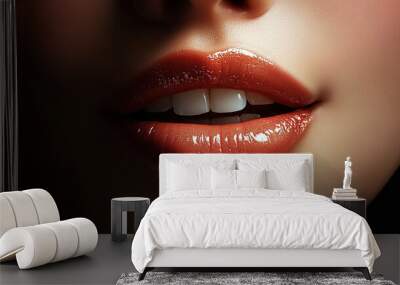 Close-up of a beautiful woman's lips with glossy lipstick, Wall mural