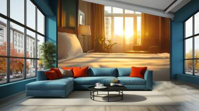 Close-up of a hotel room with a bed, window, and armchair, with a cinematic, golden-hour lighting effect Wall mural