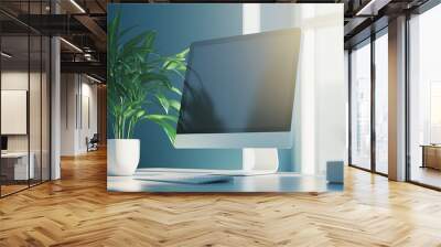 Close-up shot of a computer monitor on a clean desk in a modern office Wall mural