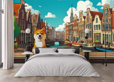 Cute shiba inu sitting on the street of Amsterdam, background is canal and buildings, cartoon style Wall mural