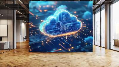 Digital technology cloud concept with glowing light particles and blue sky background Wall mural