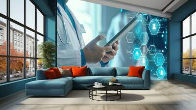 Doctors in the context of medical network connectivity technology, the concept of a digital future and hospital data systems hold small tablets Wall mural