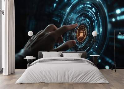 Hand touching a futuristic digital hologram with a circular graphic interface on a dark background, an AI technology concept Wall mural