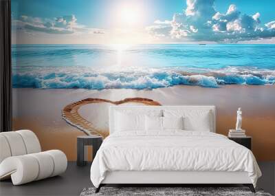 Heart shaped sand on a tranquil beach, created by hand to symbolize love and romance. Generative AI Wall mural