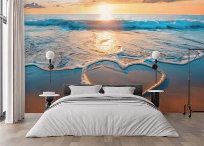 Heart shaped sand on a tranquil beach, created by hand to symbolize love and romance. Generative AI Wall mural