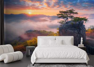 High angle shot of the sunrise sea of clouds in Mount Huangshan, Anhui Province, China. Wall mural