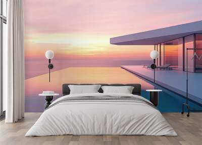 modern architecture, house with infinity pool and sea view at sunset Wall mural