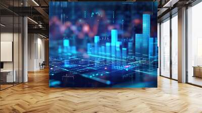 Perspective view of stock market growth, business investing and data concept with digital financial chart graphs, diagrams and indicators on dark blue blurry background Wall mural