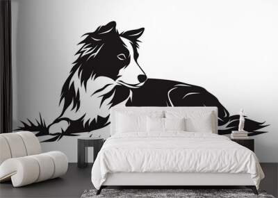 simple vector logo of border collie, laying down on the floor, white background, black and white Wall mural