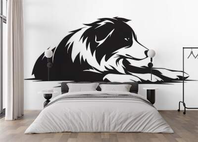 simple vector logo of border collie, laying down on the floor, white background, black and white Wall mural